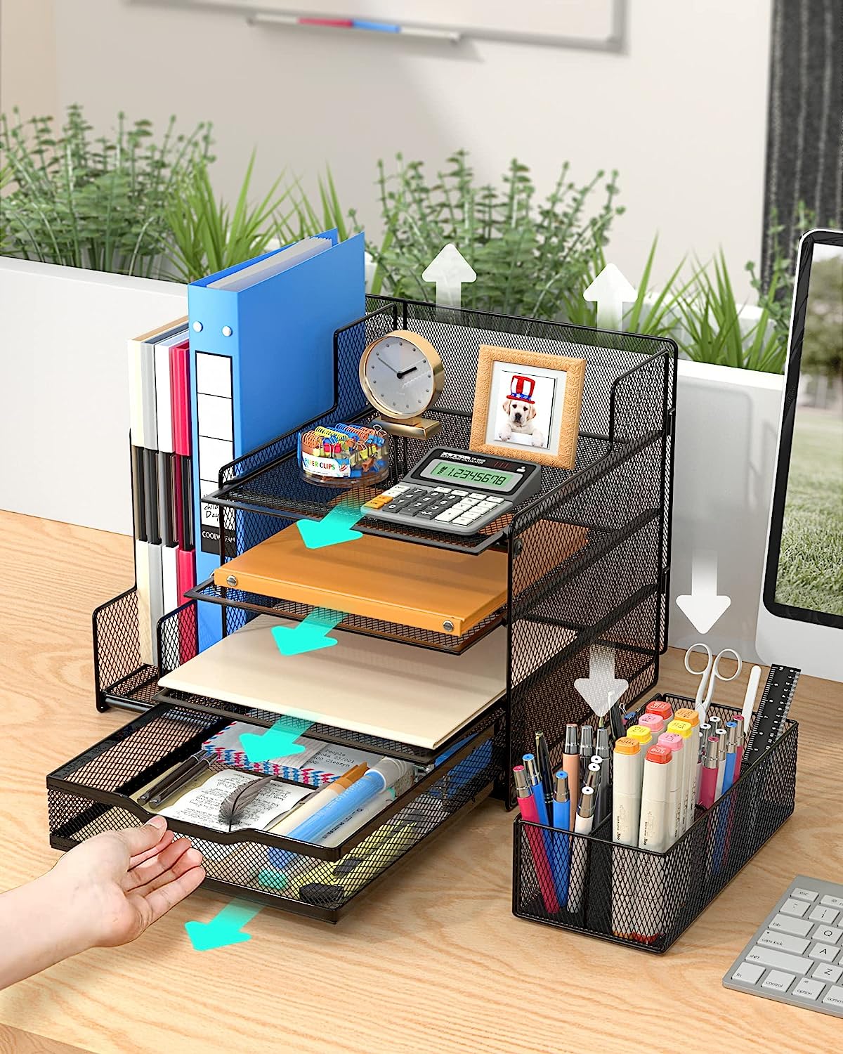 VIVSOL Desk Organizer with Mesh File Holder， 4-Tier Office Supplies Desk Organizers and Accessories with Sliding Drawers， 3 Trays & Pen Holder， Desk File Organizer and Storage for Office， School， Home - Image 2